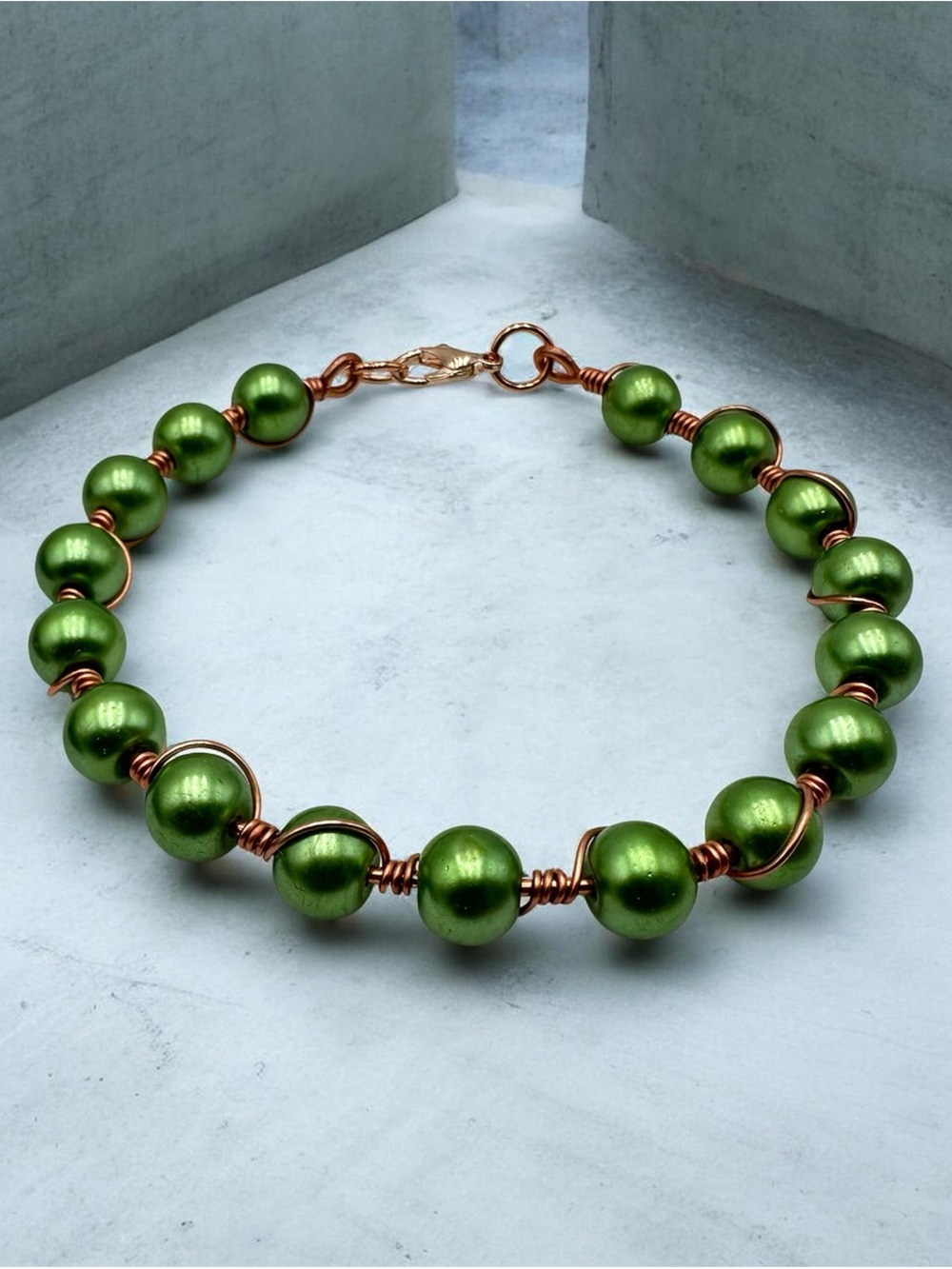 Green Pearl Beaded Bracelet with Copper Wire Wrap Handmade Jewelry